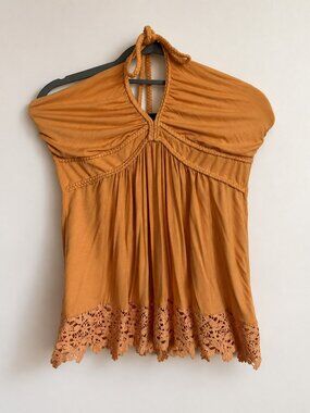 Orange Braided Halter Lace Hem Top